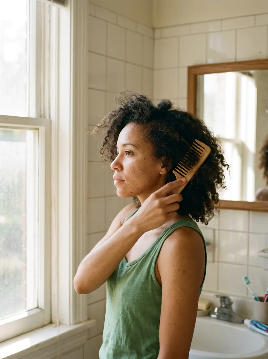 A person combing their hair beside a bathroom window; editorial care scene, not a portrait of the author