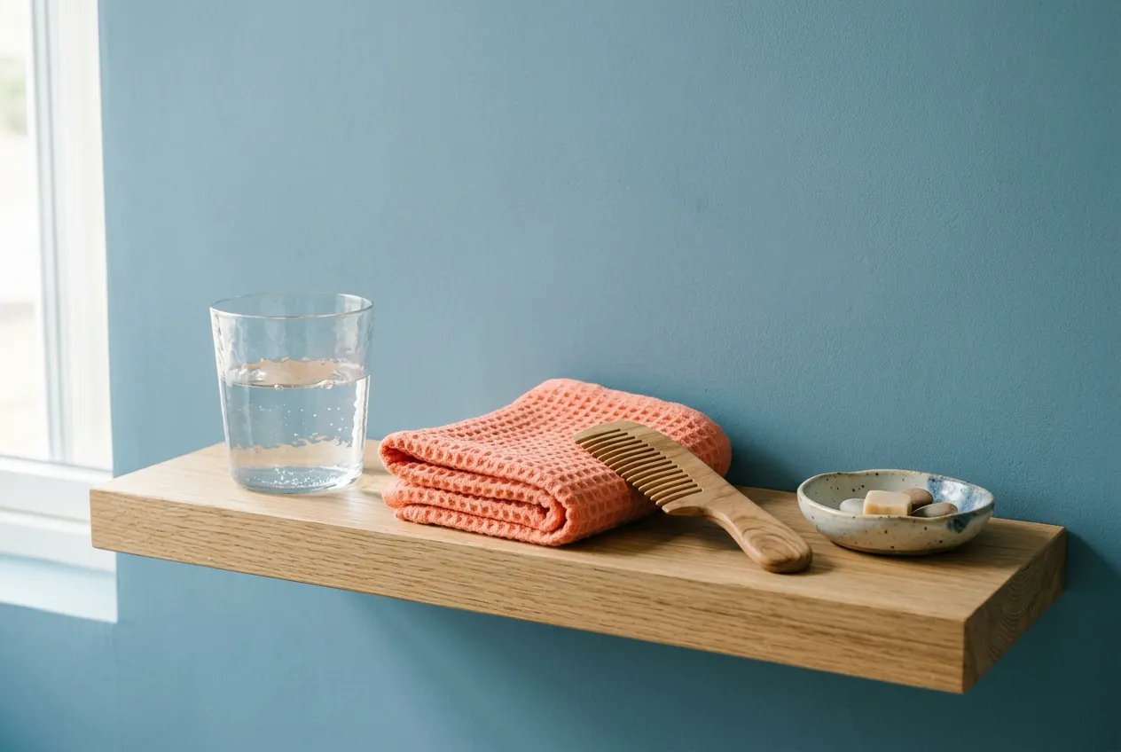 A glass of water, folded coral towel and wooden comb on an oak shelf against a sea-blue wall