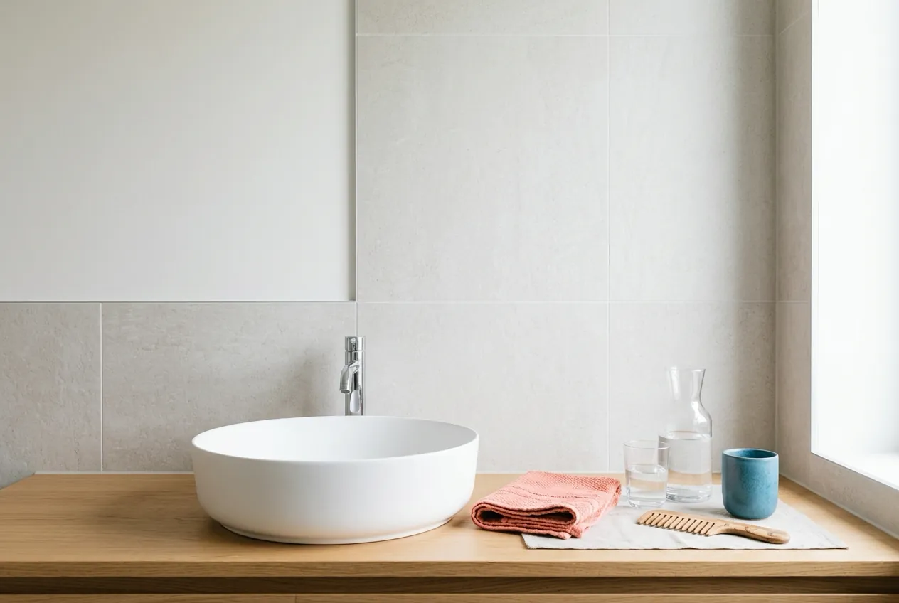A bright modern wash area with a white basin, glass carafe, comb and folded coral towel